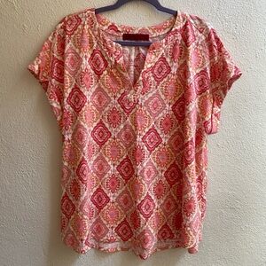 Love Scarlett Pink and Cream Printed V-Neck Short Sleeve Blouse